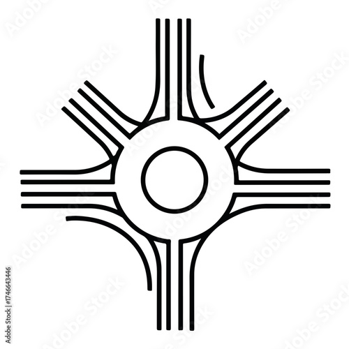 Roundabout intersection with symmetrical design for roadways and traffic flow. Roundabout with circular traffic pattern enables smooth transportation and reduces congestion in busy cities.