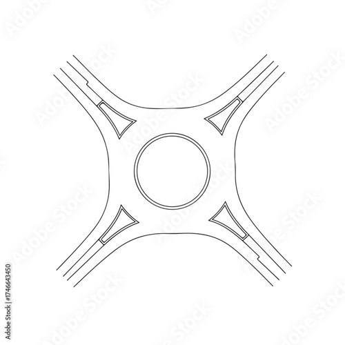 Roundabout intersection blueprint displaying roads and central circle. Roundabout intersection detailed with lane markings and yield signs, providing efficient traffic flow.