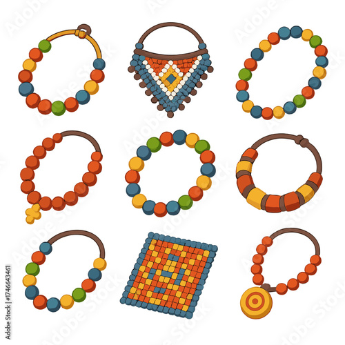 Cultural Bead Icon Set. Cultural beads isometric set. African bead strand, Native beadwork, tribal necklace, festival bead string, ceremonial beads, heritage bracelet, woven bead