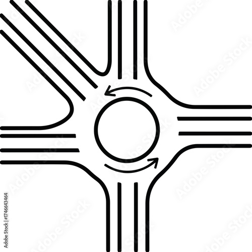 Roundabout intersection featuring circular road system and directional arrows. Roundabout shows effective traffic management, guiding vehicles in fluid motion,