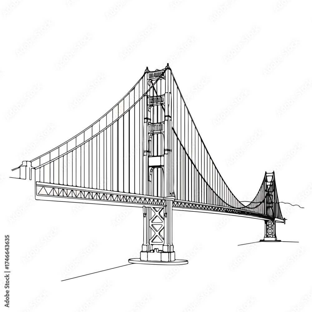 Fototapeta premium Isolated line drawing of suspension bridge perfect for architectural illustration, showcasing its engineering design and structural elegance. Suspension bridge artwork highlights cable layout, towers,