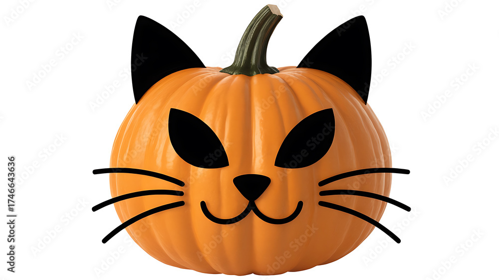 Fototapeta premium Orange pumpkin carved with black cat face, perfect for Halloween decoration.