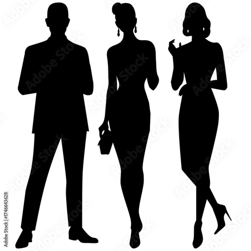 Three business elegant silhouettes of high society people. Man and two women corporate diverse team in formal attire.