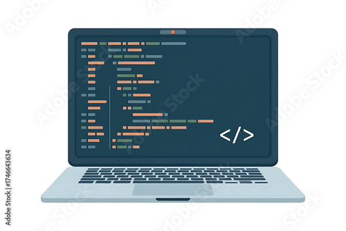 Laptop screen displays lines of code with angle brackets, symbolizing programming.