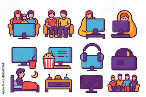 Modern TV Icons. Viewing icons flat icon set. family watching TV, friends on couch, solo viewer with blanket, TV with snacks, binge-watching setup, TV with headphones, late-night