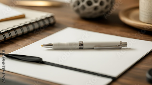 White pen rests on blank paper atop a wooden desk with office supplies.