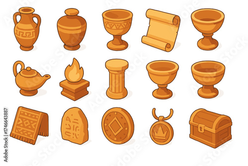 Ancient Artifacts Icons. Ancient imagery isometric set. amphora, urn, chalice, scroll, lamp, altar flame, temple column, sacred bowl, patterned cloth, carved tablet, shield