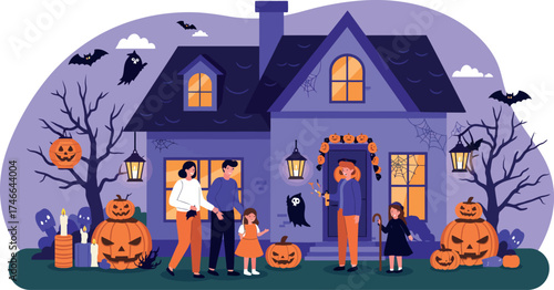 Family enjoying Halloween night with pumpkins, bats, and ghosts around their festive home ready for trick or treat fun and spooky celebrations. Adobe Illustrator Artwork