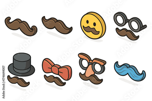 Playful Mustache Icons. Playful icons isometric set. curly mustache, cartoon mustache, smiley face with mustache, glasses with mustache, hat with mustache, bow tie with mustache