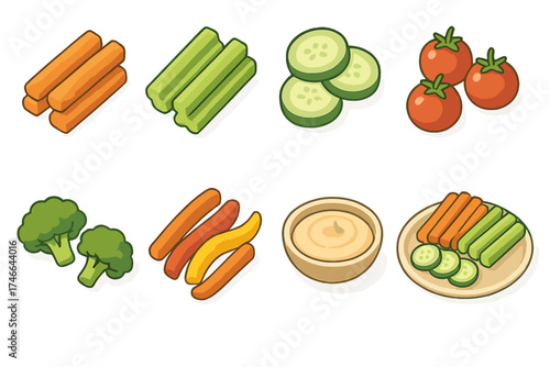 Veggie Platter Icons. Veggie snacks isometric set. carrot sticks, celery sticks, cucumber slices, cherry tomatoes, broccoli florets, bell pepper strips, hummus dip, veggie platter.