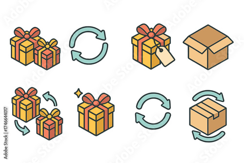 Gift Exchange Icons. Gift exchange isometric set. two gift boxes, arrows in circle, present with tag, open box, wrapped gift swap, gift with sparkle, exchange icon, trade package.