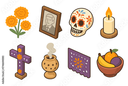 Ofrenda Icons Isometric. Traditional ofrenda isometric set. marigold flowers, framed photo, sugar skull, lit candle, decorated cross, incense burner, papel picado, fruit bowl.