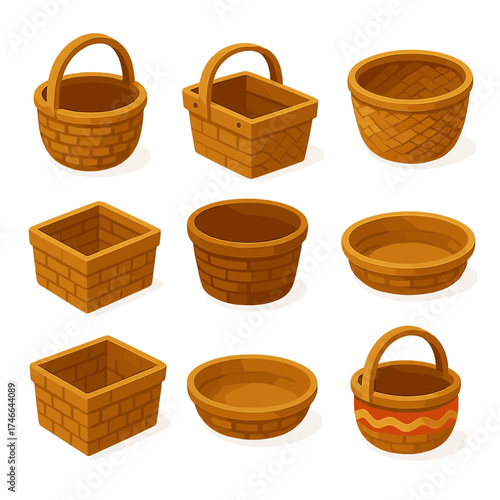 Isometric Basket Icons. Classic baskets isometric set. wicker basket, wooden basket, woven basket, round basket, square basket, deep basket, shallow basket, decorated basket.