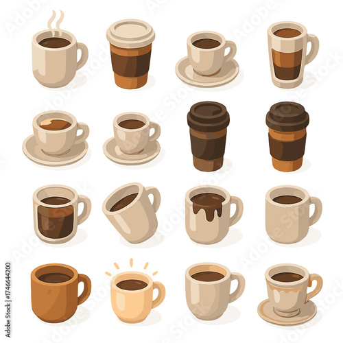 Isometric Coffee Cups. Coffee cups isometric set. steaming mug, paper cup, espresso cup, latte glass, cappuccino cup, demitasse, ceramic mug, travel thermos, to-go cup, glass mug
