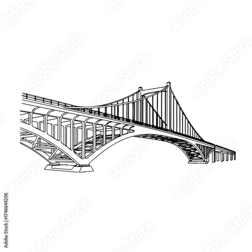 Outlined bridge spanning expansive distance in monochrome illustration. Bridge depiction with arch structure, cables, and roadway supports creating striking visual contrast.