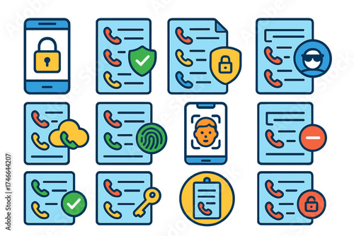 Secure Call Icons. Call Log Security flat icon set. phone with padlock, call log with shield, encrypted call list, private call entry, secure call backup, anonymous call icon, call