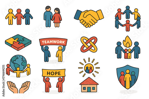 Isometric Community Symbols. Community symbols isometric set. people holding hands, family figures, handshake, group circle, puzzle pieces, teamwork banner, unity knot, shared