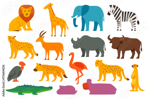 Vibrant Savanna Icons. Wildlife Savanna flat icon set. lion, giraffe, elephant, zebra, cheetah, antelope, rhino, buffalo, vulture, hyena, ostrich, leopard, crocodile, hippo