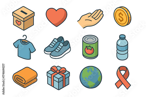 Charity Icons Collection. Charity bin isometric set. donation box, heart, hand, coin, clothing, shoes, food can, water bottle, blanket, gift, globe, ribbon.