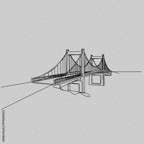 Outlined suspension bridge depicted in architectural rendering. Suspension bridge design on simple gray background showcases cable structure and towers.