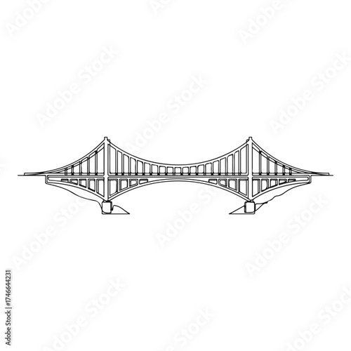 Suspension bridge simple black outline drawing. Suspension bridge isolated, depicting structure with support columns and an arched roadway.