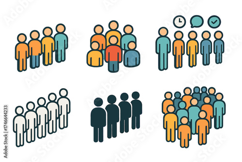 Orderly Iconic Row. Orderly crowd isometric set. straight line people, group waiting, row with icons, front-to-back line, human outline queue, row silhouettes, clustered figures