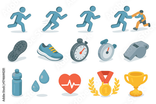 Athletic Symbols Collection. Running symbols isometric set. running figure, sprinting figure, jogging figure, hurdling figure, baton handoff, shoe print, sports shoe, stopwatch