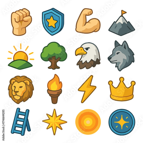 Strength Symbol Icons. Strength visuals isometric set. clenched fist, shield with star, strong arm, mountain peak, rising sun, oak tree, eagle, wolf, lion, flame torch, thunderbolt