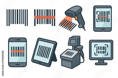 Barcode Scanning Icons. Scanning process isometric set. barcode with scanner line, barcode with red beam, barcode under handheld scanner, phone scanning barcode, tablet scanning