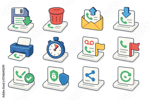 Isometric Call Action Icons. Call Log Actions isometric set. save call record, delete call log, export call history, download call record, print call log, call duration icon