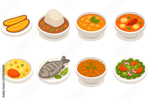 Isometric Festive Foods. Festive foods isometric set. plantains, yam dish, peanut stew, spicy soup, couscous plate, grilled fish, lentil dish, festive salad.