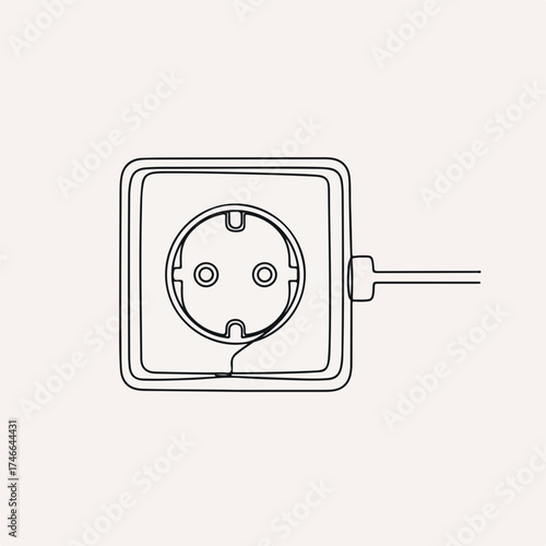 Electric socket illustrated with one continuous line on a simple background. Electric socket graphic includes outlet for power, connecting to home appliances.