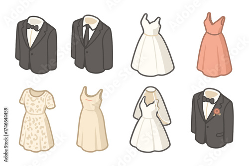 Wedding Attire Icons. Wedding attire isometric set. groom tux, best man tux, bridal gown, bridesmaid dress, lace dress, satin dress, veil with dress, tux with boutonniere.