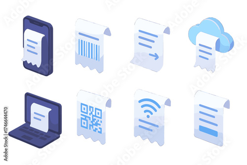 Digital Receipt Icons. Virtual receipt isometric set. phone with ticket, glowing barcode, e-slip icon, receipt in cloud, online bill, QR glow, receipt with wifi, digital paper.