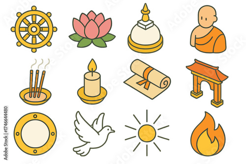 Dharma Wheel Icons. Dharma wheel isometric set. wheel with spokes, lotus, stupa, monk figure, incense, candle, scroll, temple arch, halo, dove, rays of light, flame.