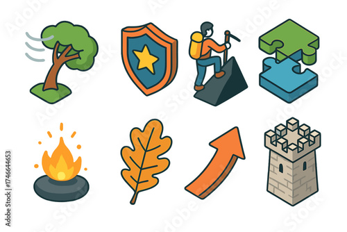 Resilience Icon Set. Resilience isometric set. tree in wind, shield with star, mountain climber, puzzle piece fit, glowing ember, oak leaf, rising arrow, sturdy tower.