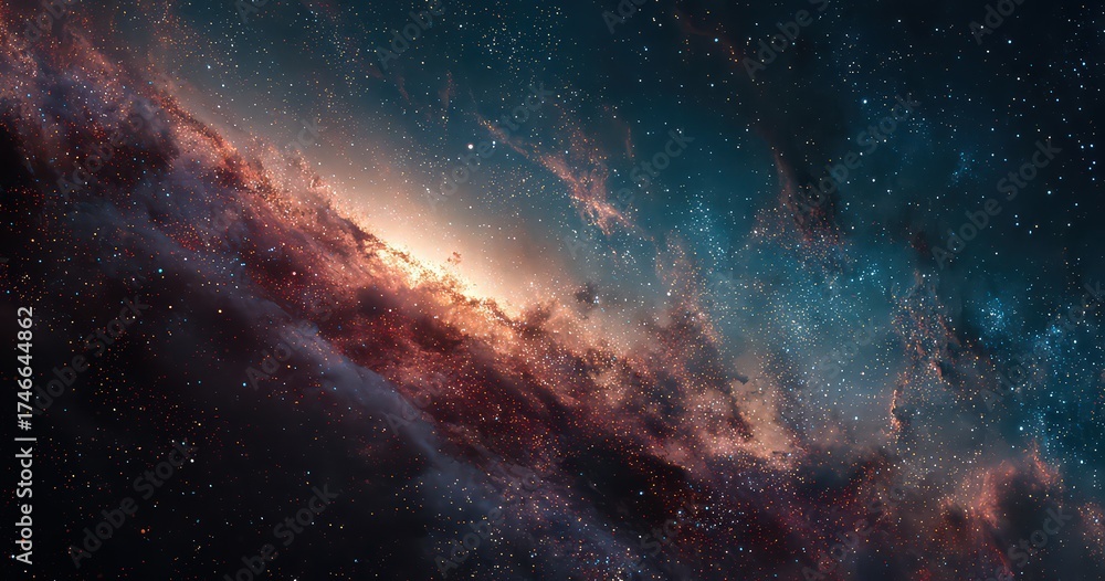 Fototapeta premium Cosmic Galaxy Displaying Vibrant Colors and Dense Starfield Formation Against Dark Sky Background