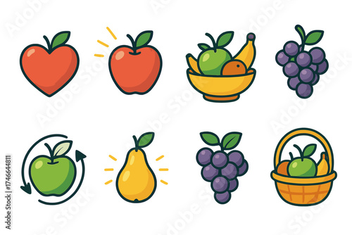 Isometric Fruit Icons. Symbolic fruits isometric set. heart-shaped fruit, shining apple, wellness fruit bowl, unity bunch, eco-friendly fruit, glowing pear, harmony grapes