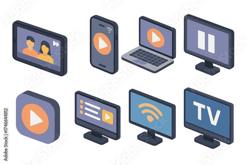 Isometric Streaming Icons. Streaming icons isometric set. tablet with TV show, smartphone streaming, laptop binge, play button screen, pause button screen, streaming app icon