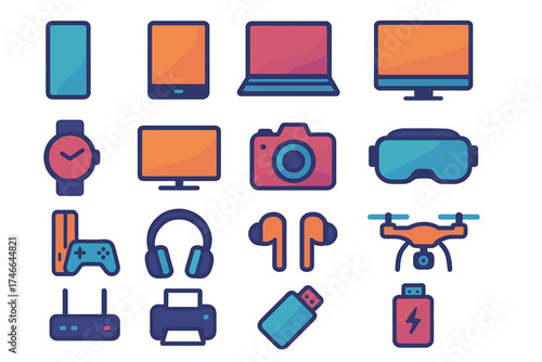 Modern Device Icons. Device icons flat icon set. smartphone, tablet, laptop, desktop, smartwatch, smart TV, camera, VR headset, game console, headphones, earbuds, drone, router