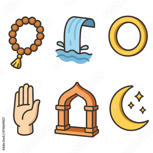 Modern Blessing Icons. Traditional blessing isometric set. prayer beads, flowing water, symbolic circle, hand gesture, temple arch, shining moon