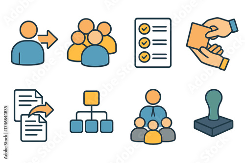 Delegation Icon Set. Delegation basics isometric set. person with arrow, group of people, checklist, task handover, document transfer, flowchart, leader icon, approval stamp.