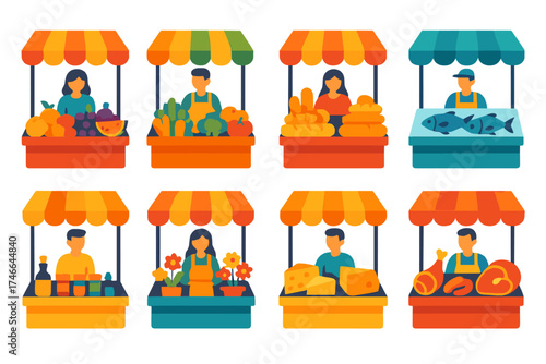 Vibrant Market Icons. Market stalls flat icon set. fruit stall, vegetable stall, bread stall, fish stall, spice stall, flower stall, cheese stall, meat stall.