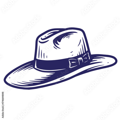 Elegant vintage fedora hat artwork in indigo blue color for classic design