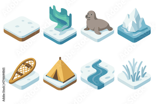 Tundra Icons Collection. Tundra isometric set. snowy plain, aurora, seal, iceberg, snowshoe, tent, frozen river, frosty grass.
