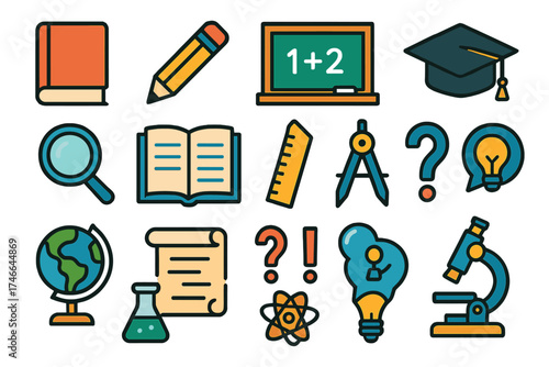 Colorful Learning Icons. Learning icons flat icon set. book, pencil, chalkboard, graduation cap, magnifying glass, open notebook, ruler, compass, globe, scroll, question mark