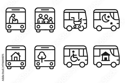 Inclusive Transit Icons. Community mobility outline set. senior-friendly bus, family-friendly bus, child stroller bus, inclusive transit bus, night service bus, community shuttle