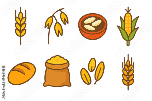 Colorful Grain Icons. Wholesome grains flat icon set. wheat head, oat symbol, rice grains in bowl, corn stalk, fresh bread, grain sack, cereal icon, barley sprig.