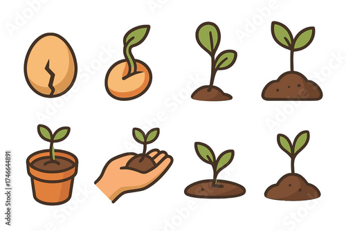 Isometric Seed Growth Icons. Growing seed isometric set. cracked seed, emerging stem, young leaf, seed in hand, sprout in pot, soil mound, green shoot, rising sprout.