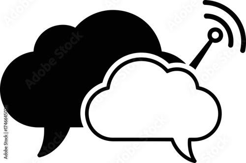 Communication and chat cloud icon concept. Black and white speech bubble symbol with wireless signal for network and online talking vector illustration